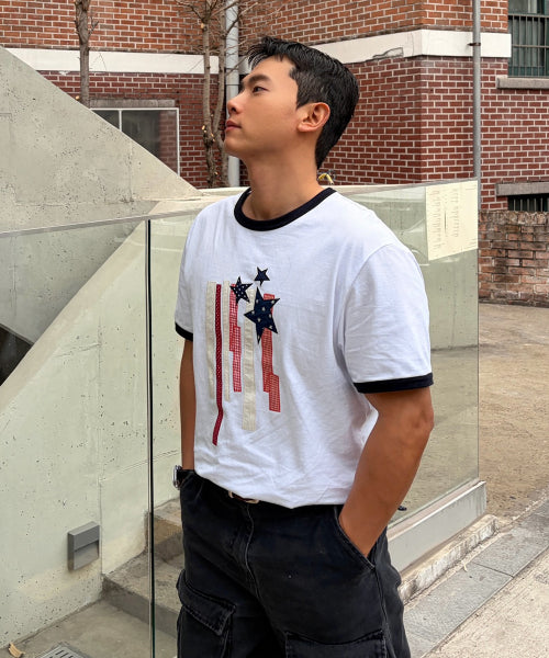 FLAG APPLIQUE RINGER TEE - 3 COLORS