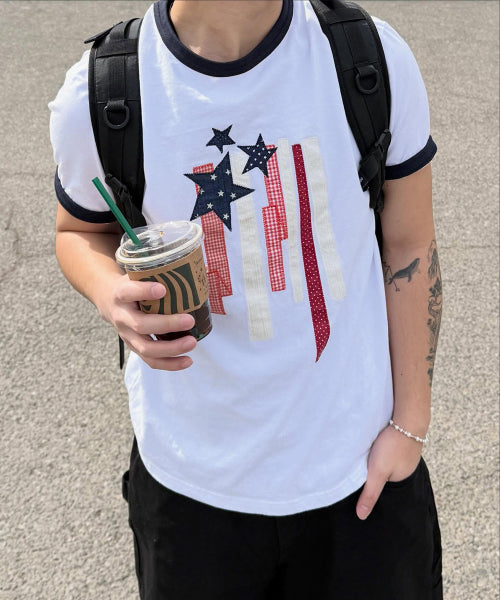 FLAG APPLIQUE RINGER TEE - 3 COLORS