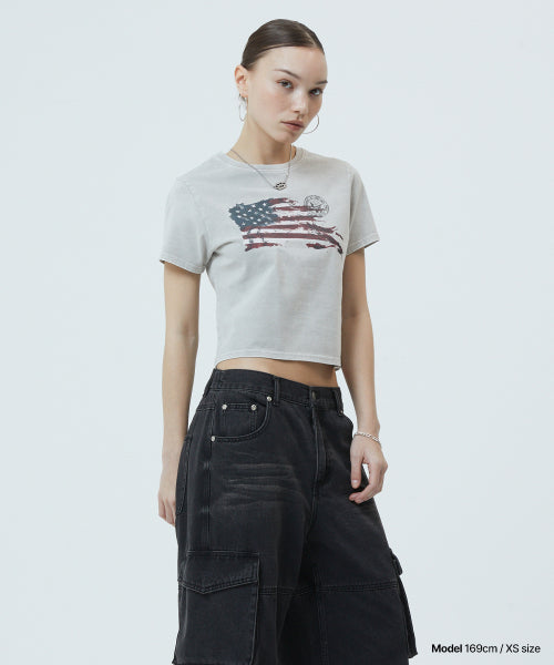 WASHED FLAG CROP TEE - 2 COLORS BLACK