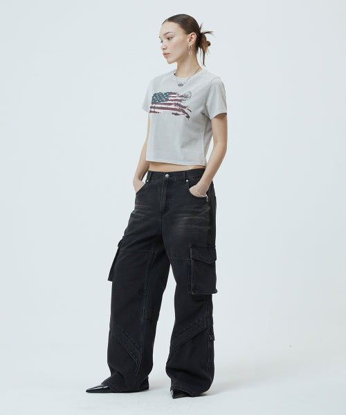 WASHED FLAG CROP TEE - 2 COLORS BLACK