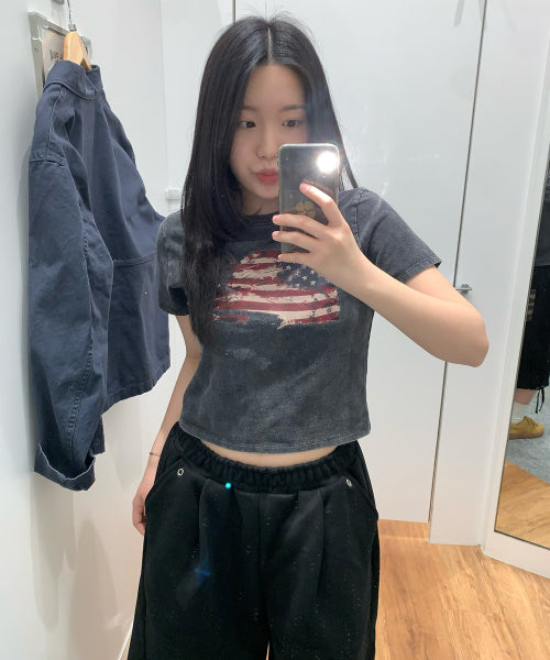WASHED FLAG CROP TEE - 2 COLORS BLACK