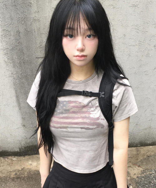 WASHED FLAG CROP TEE - 2 COLORS BLACK
