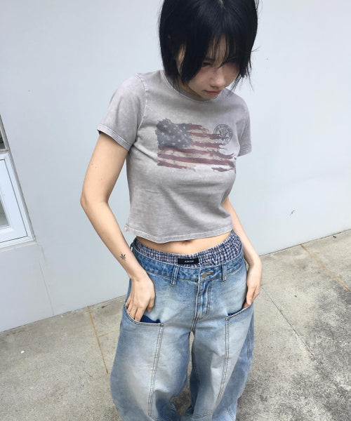 WASHED FLAG CROP TEE - 2 COLORS BLACK