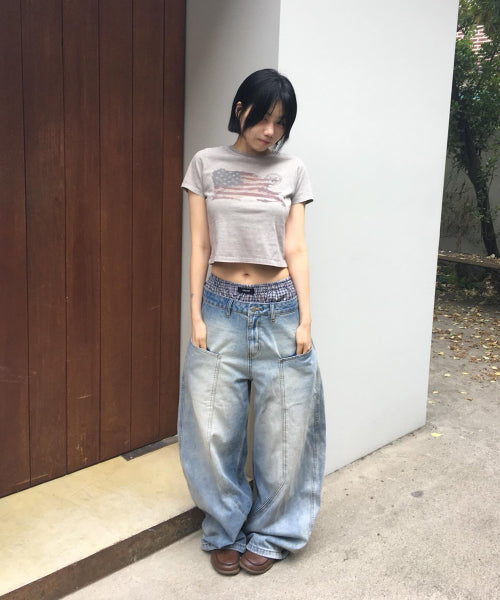 WASHED FLAG CROP TEE - 2 COLORS BLACK