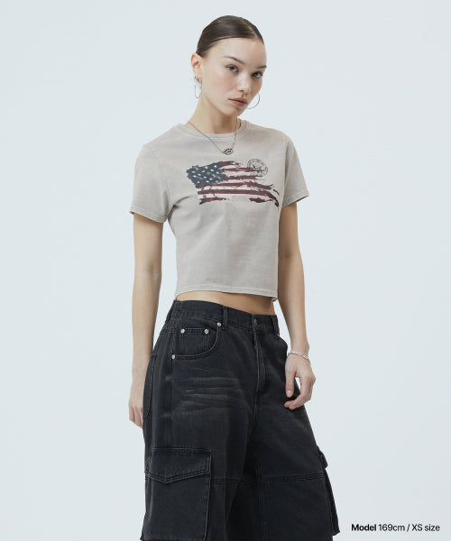 WASHED FLAG CROP TEE - 2 COLORS BEIGE