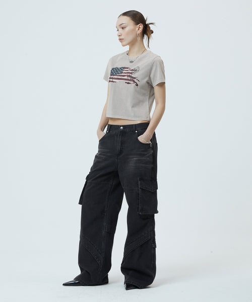 WASHED FLAG CROP TEE - 2 COLORS BEIGE