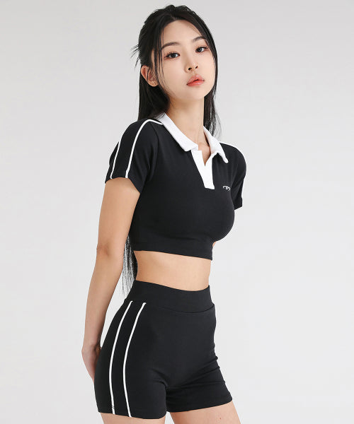 WOMEN PIPING POLO SHORT SLEEVE BLACK