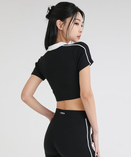 WOMEN PIPING POLO SHORT SLEEVE BLACK