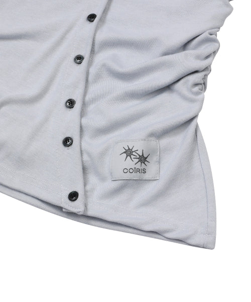 SHIRRING SLIM ROUND NECK ROLL CARDIGAN GREY