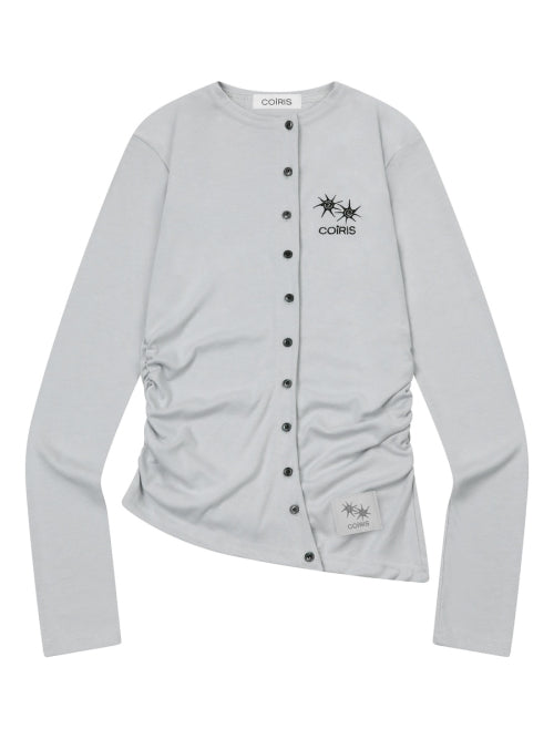 SHIRRING SLIM ROUND NECK ROLL CARDIGAN GREY