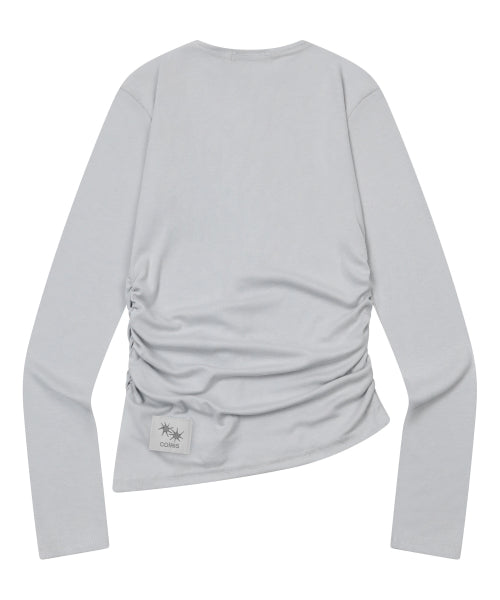 SHIRRING SLIM ROUND NECK ROLL CARDIGAN GREY