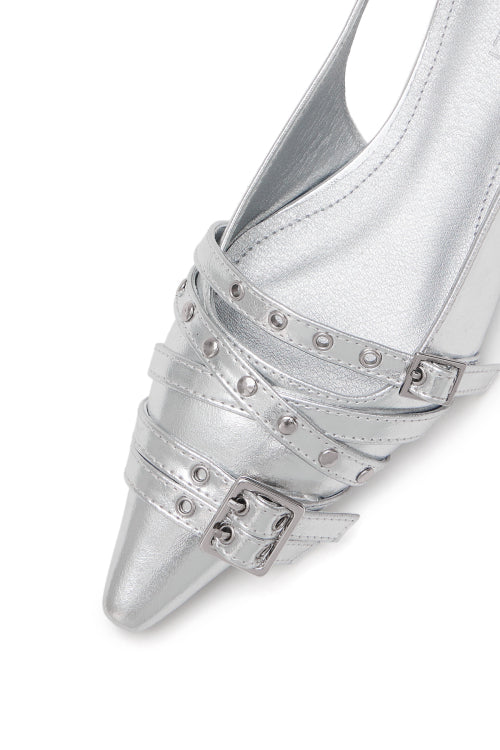 BUCKLE STUD AND EYELET SLINGBACKS - 3 COLORS SILVER