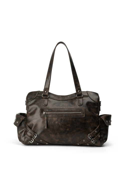 VINTAGE CRACK STUD POCKET BIG BAG DARK BROWN