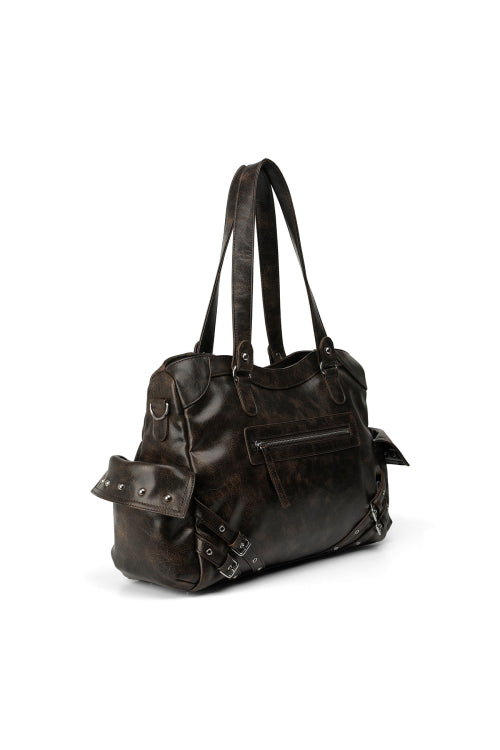 VINTAGE CRACK STUD POCKET BIG BAG DARK BROWN