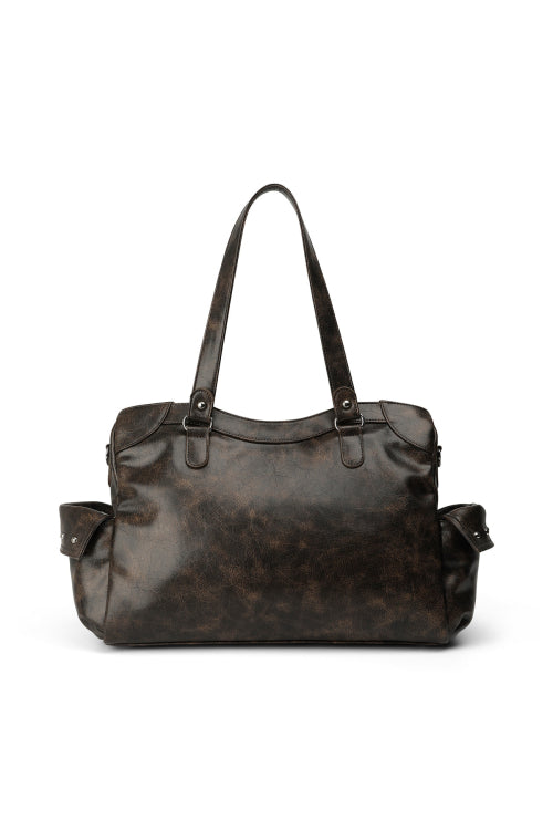 VINTAGE CRACK STUD POCKET BIG BAG DARK BROWN