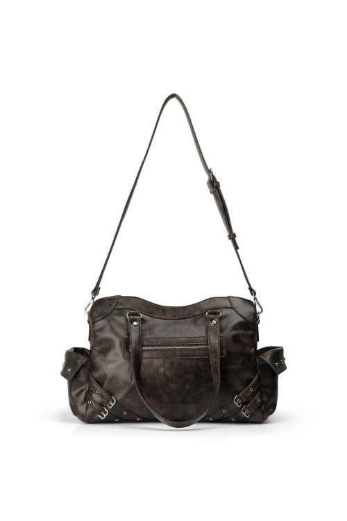 VINTAGE CRACK STUD POCKET BIG BAG DARK BROWN
