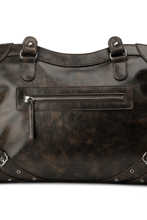 VINTAGE CRACK STUD POCKET BIG BAG DARK BROWN