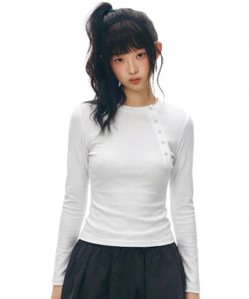 DIAGONAL SNAP BUTTON SLEEVE LONG - 2 COLORS WHITE