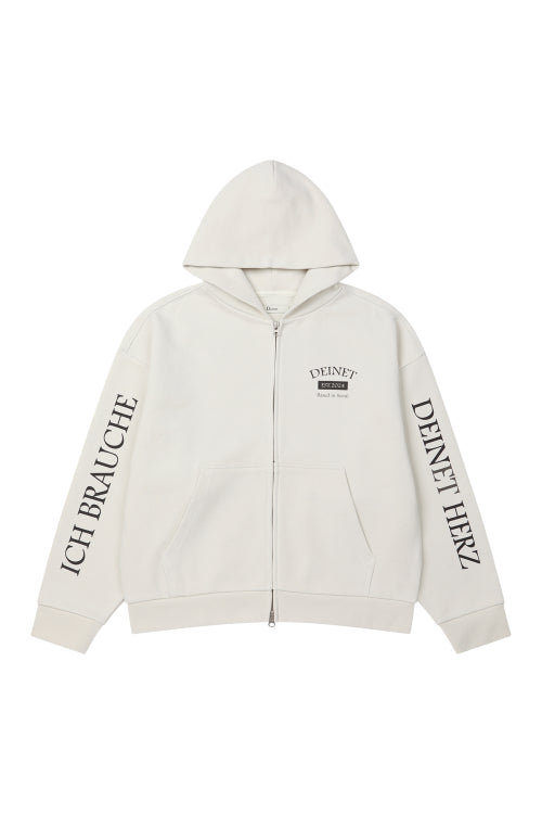 GERMAN LETTERING HOODIE ZIP UP - 3 COLORS IVORY