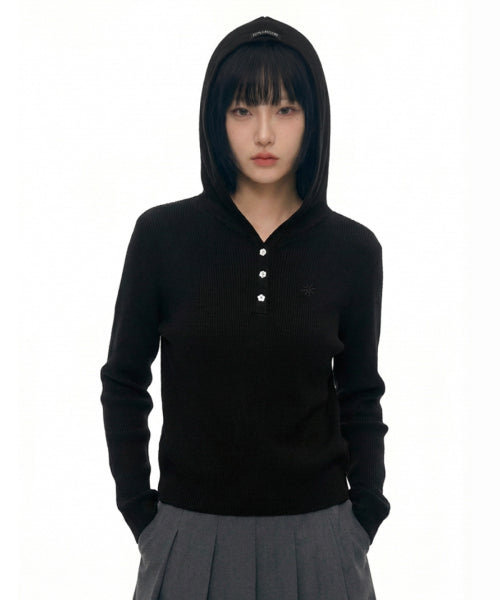 BUTTON HOODIE KNIT - 3 COLORS BLACK