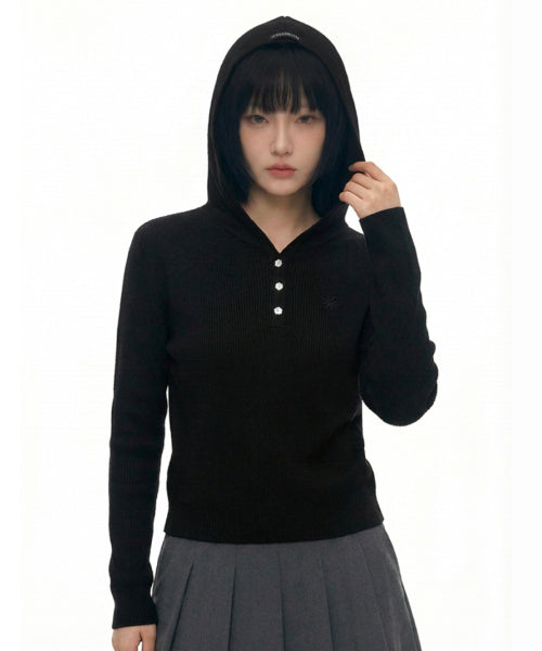 BUTTON HOODIE KNIT - 3 COLORS BLACK