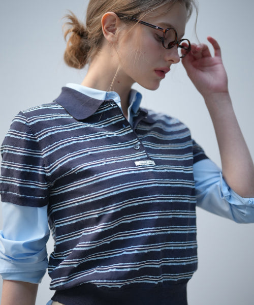 GENERAL IDEA STRIPE COLLAR HALF KNIT - 3 COLORS NAVY