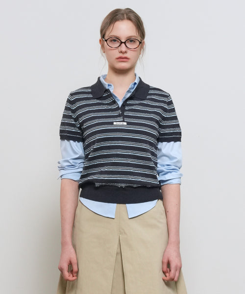 GENERAL IDEA STRIPE COLLAR HALF KNIT - 3 COLORS NAVY