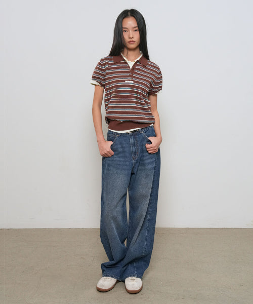 GENERAL IDEA STRIPE COLLAR HALF KNIT - 3 COLORS BROWN