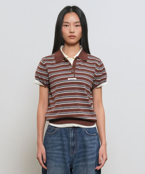 GENERAL IDEA STRIPE COLLAR HALF KNIT - 3 COLORS BROWN