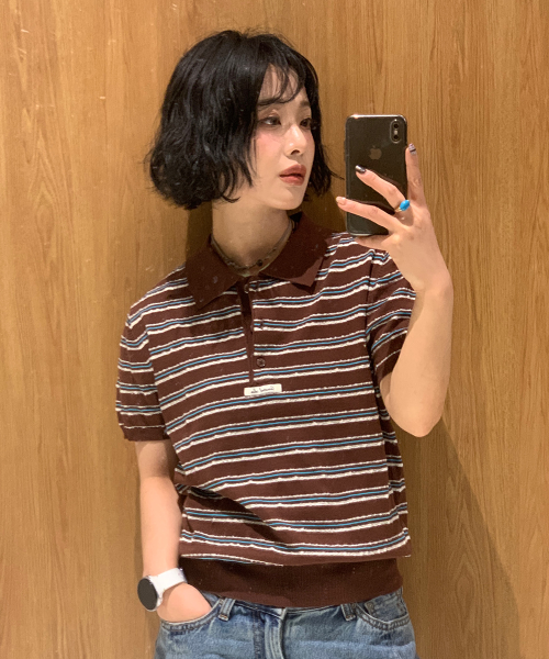 GENERAL IDEA STRIPE COLLAR HALF KNIT - 3 COLORS BROWN
