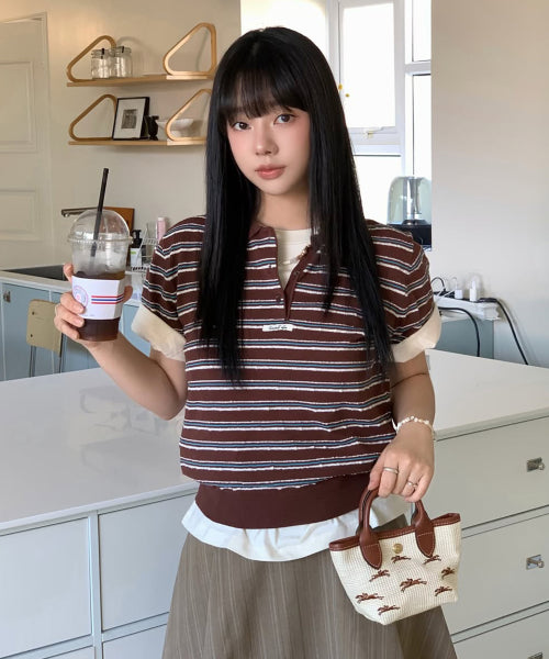 GENERAL IDEA STRIPE COLLAR HALF KNIT - 3 COLORS BROWN