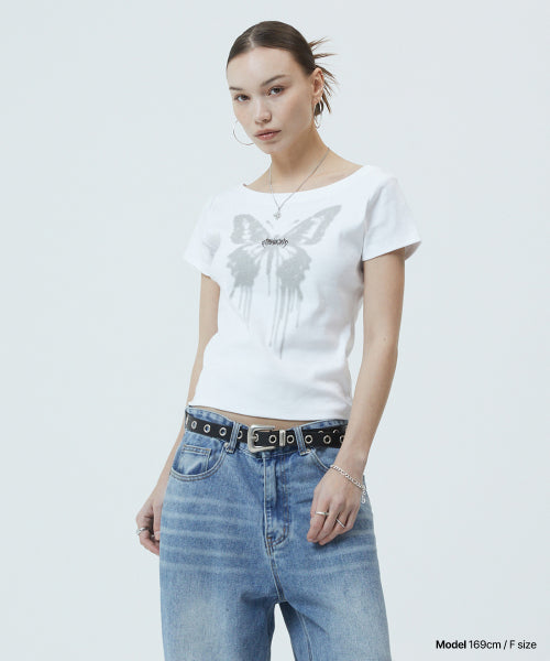BUTTERFLY GOTH WIDE NECK CROP TEE - 2 COLORS