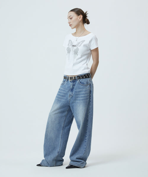 BUTTERFLY GOTH WIDE NECK CROP TEE - 2 COLORS