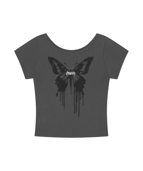 BUTTERFLY GOTH WIDE NECK CROP TEE - 2 COLORS