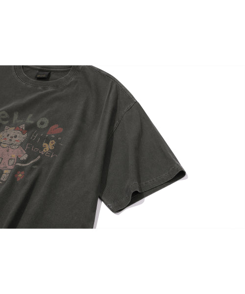 HELLO FLOWER PIGMENT SHORT SLEEVE TEE - 2 COLORS BLACK