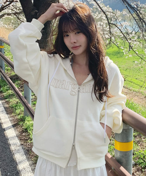 MARGARINE APPLIQUE TWO-WAY ZIP-UP HOODIE - 5 COLORS IVORY
