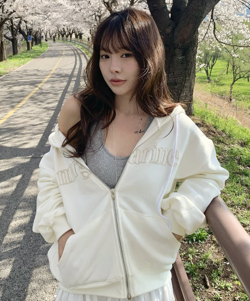 MARGARINE APPLIQUE TWO-WAY ZIP-UP HOODIE - 5 COLORS IVORY