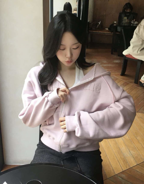 MARGARINE APPLIQUE TWO-WAY ZIP-UP HOODIE - 5 COLORS PINK