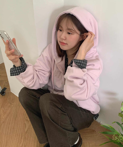 MARGARINE APPLIQUE TWO-WAY ZIP-UP HOODIE - 5 COLORS PINK