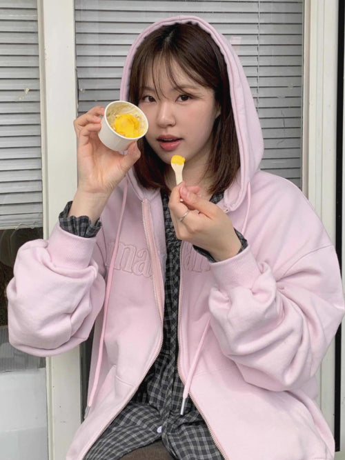 MARGARINE APPLIQUE TWO-WAY ZIP-UP HOODIE - 5 COLORS PINK