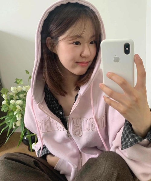 MARGARINE APPLIQUE TWO-WAY ZIP-UP HOODIE - 5 COLORS PINK
