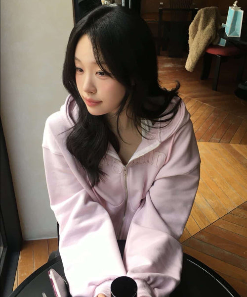 MARGARINE APPLIQUE TWO-WAY ZIP-UP HOODIE - 5 COLORS PINK