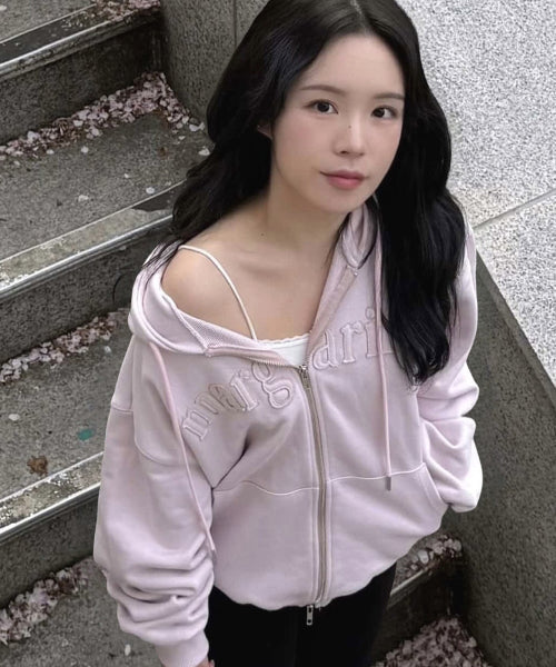 MARGARINE APPLIQUE TWO-WAY ZIP-UP HOODIE - 5 COLORS PINK