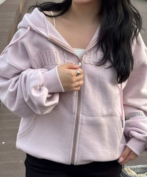 MARGARINE APPLIQUE TWO-WAY ZIP-UP HOODIE - 5 COLORS PINK
