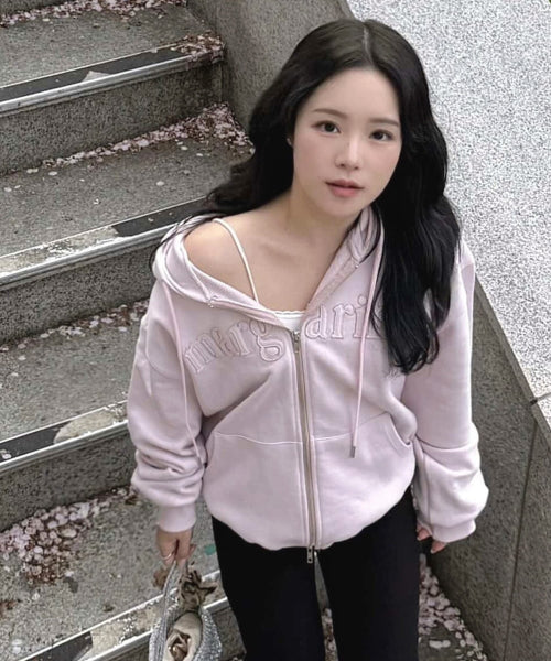 MARGARINE APPLIQUE TWO-WAY ZIP-UP HOODIE - 5 COLORS PINK