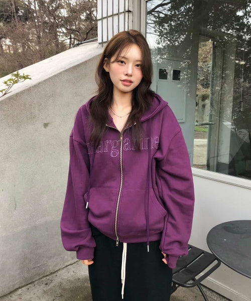 MARGARINE APPLIQUE TWO-WAY ZIP-UP HOODIE - 5 COLORS PURPLE