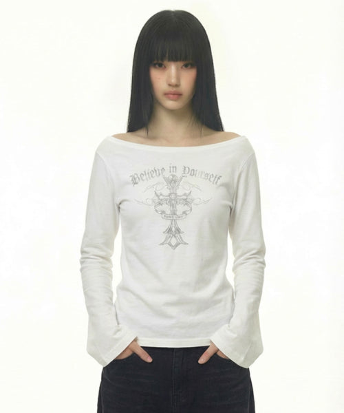 CROSS LETTERING SHOULDER SLEEVE LONG IVORY
