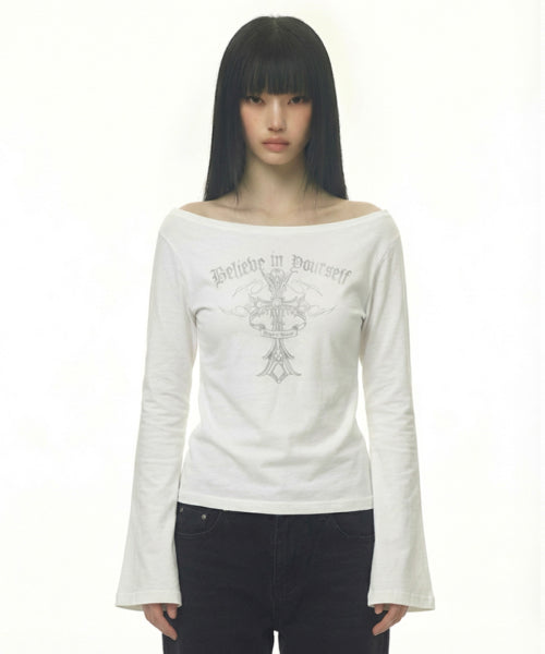 CROSS LETTERING SHOULDER SLEEVE LONG IVORY