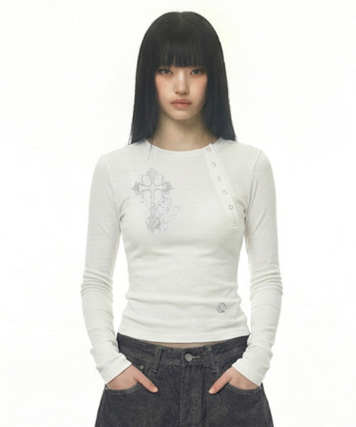 TEE CROSS ASYMMETRY BUTTON SLEEVE LONG - 2 COLORS IVORY