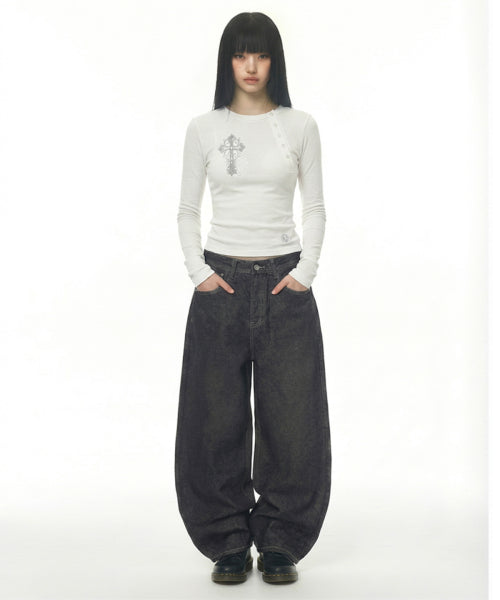 TEE CROSS ASYMMETRY BUTTON SLEEVE LONG - 2 COLORS IVORY